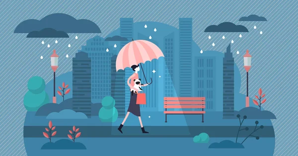 Daily life with rainy weather flat tiny vector illustration persons concept — Stock Vector