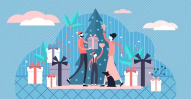 Düz, minik aile Noel vektör çizimi. Minik kış insanları konsepti
