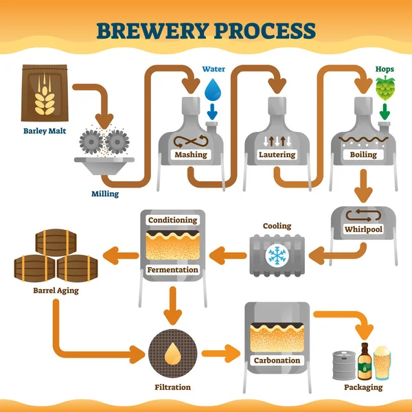 Cervejaria processo vetor ilustração. Esquema de processo de fabricação de cerveja rotulada — Vetor de Stock