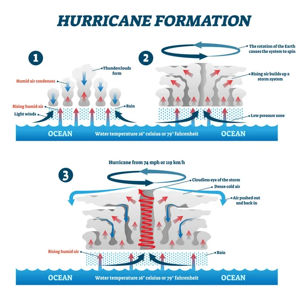 Formación de huracanes etiquetada como ilustración vectorial. Aire de tormenta de viento educativo — Archivo Imágenes Vectoriales