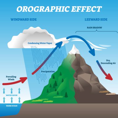 Orographic effect vector illustration. Labeled weather system move scheme. clipart