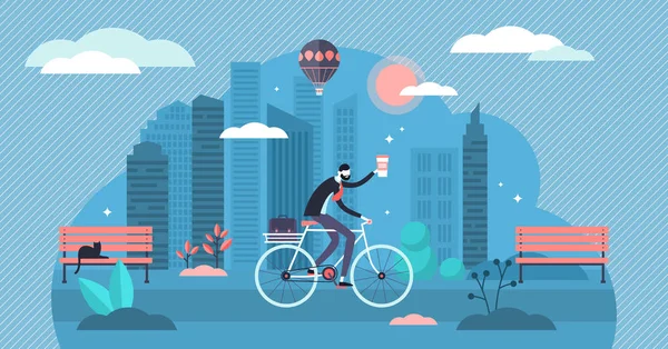 Illustrazione vettoriale in bicicletta. Appartamento minuscolo ciclismo percorso di lavoro persone concetto — Vettoriale Stock