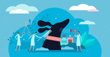 Köpek tımarlama vektör çizimi. Düz, küçük, evcil hayvan güzellik merkezi konsepti