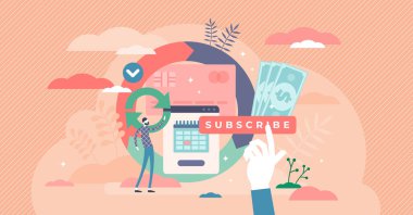 Abonelik vektör çizimi. Ayda bir küçük insan konsepti.