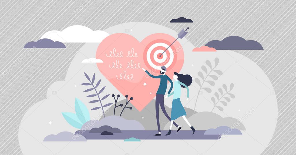 Relationship goals vector illustration. Couple target tiny persons concept.