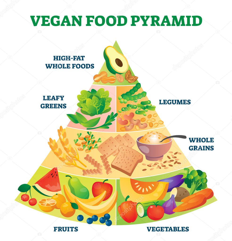 Vegan food pyramid vector illustration. Healthy vegetarian eating scheme.
