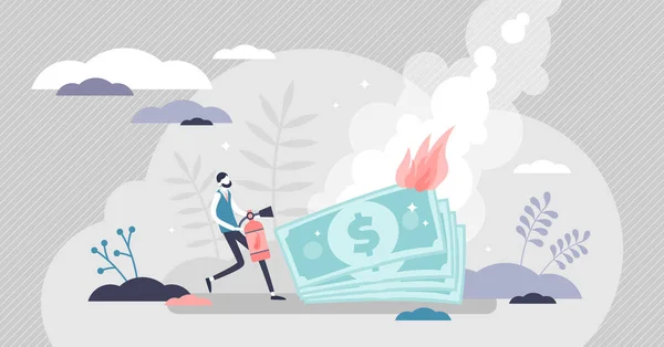 Burning money vector illustration. Financial fire flat tiny persons concept. — Stock Vector