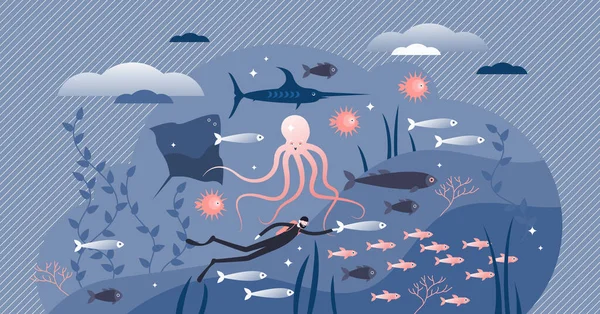 Океанская жизнь с подводной фауной у крошечных лиц концептуальная векторная иллюстрация — стоковый вектор