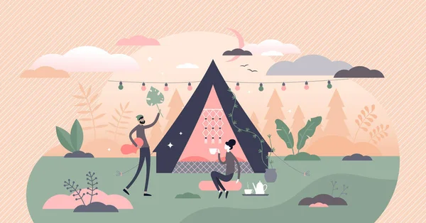 Glamping, camping et tente de plein air activité romantique concept de minuscules personnes — Image vectorielle