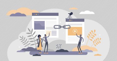 Arama motoru optimizasyonu olarak bağlantı oluşturma SEO yöntemi küçük insanlar konsepti