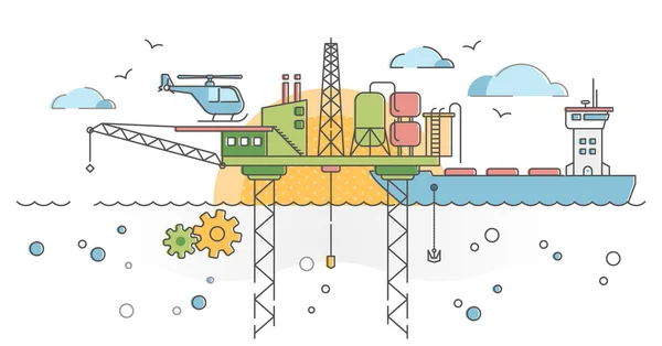 Plataforma de perforación oceánica con plataforma petrolífera, cisterna y concepto de contorno de bomba de combustible — Archivo Imágenes Vectoriales