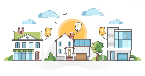 Immobilien Häuser zum Verkauf und Immobilienkauf Möglichkeit skizzieren Konzept — Stockvektor