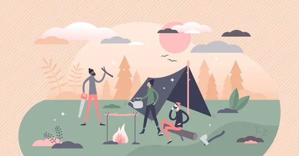 Bushcraft camping al aire libre con tienda y chimenea concepto de personas minúsculas — Archivo Imágenes Vectoriales