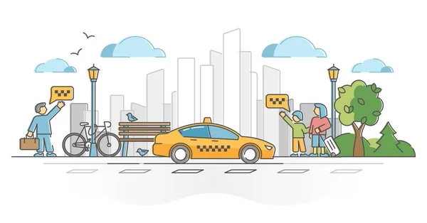 Carro de táxi ou táxi como transporte de passageiros e bagagem no conceito de contorno da cidade —  Vetores de Stock