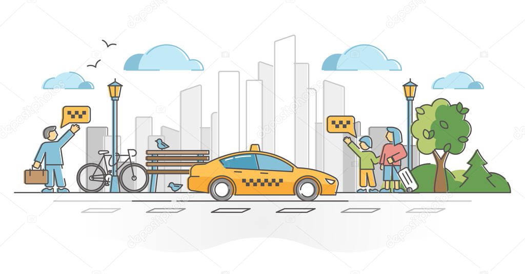 Taxi car or cab as passenger and luggage transport in city outline concept