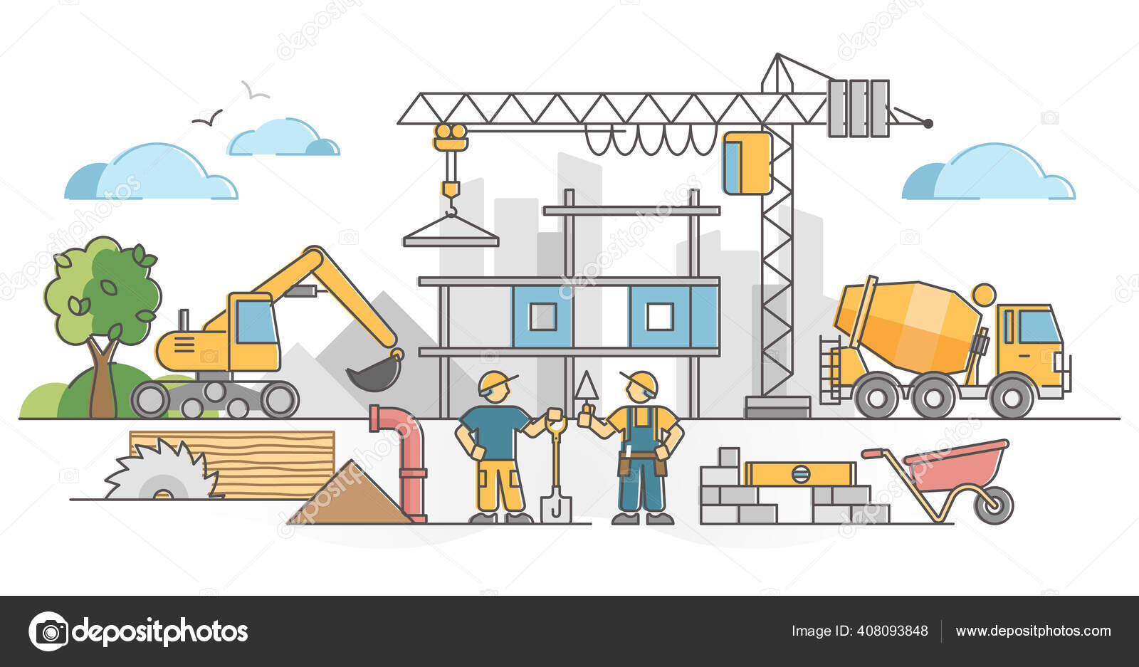 Construction work as house building site with workers scene outline concept  Stock Vector by ©VectorMine 408093848, image size:1600x937