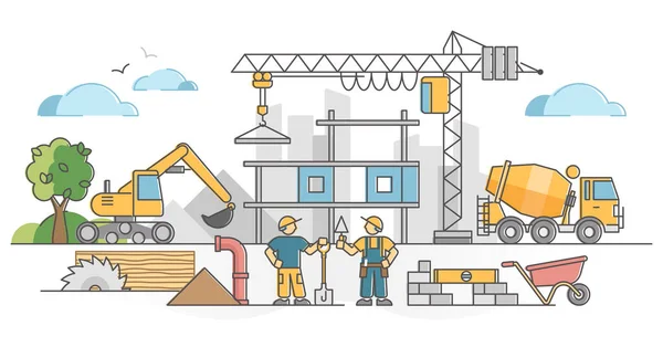 Lavori di costruzione come cantiere di case con il concetto di schema della scena dei lavoratori — Vettoriale Stock