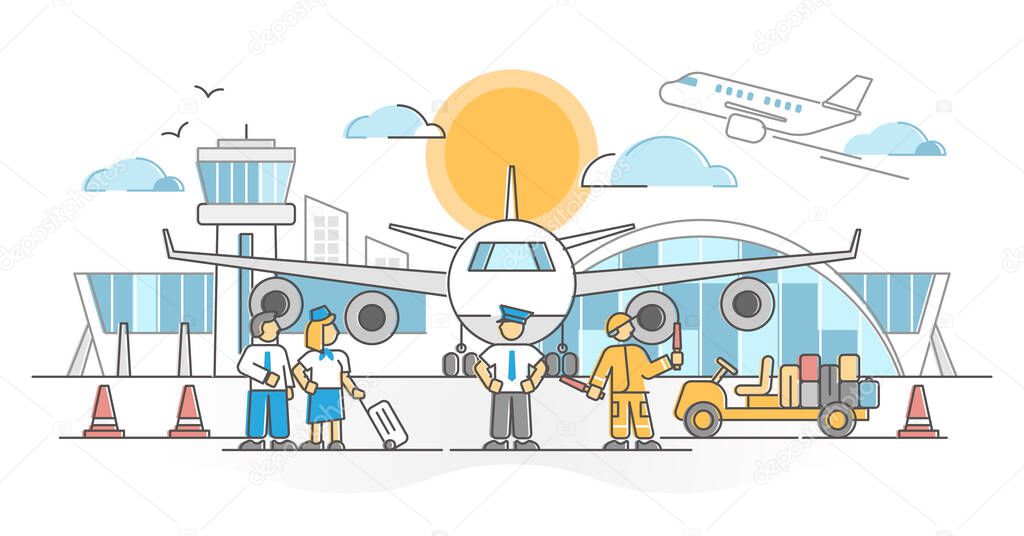 Airport with flight crew, pilot, attendant occupation scene outline concept