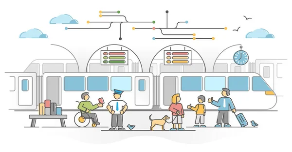 Rede ferroviária como transporte ferroviário com conceito de contorno da estação de passageiros —  Vetores de Stock