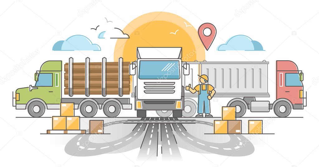 Trucking transport industry as lorry cargo delivery by road outline concept