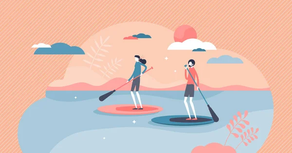 Suping o de pie paddleboarding deportes acuáticos aventura minúscula persona concepto — Archivo Imágenes Vectoriales