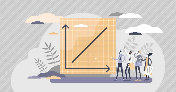 Kemajuan grafis dengan keberhasilan dan tingkat pertumbuhan pada grafik sumbu konsep orang kecil. Perkembangan dan peningkatan ilustrasi vektor evolusi. Bisnis atau pekerjaan naik ke arah atas adegan - Stok Vektor