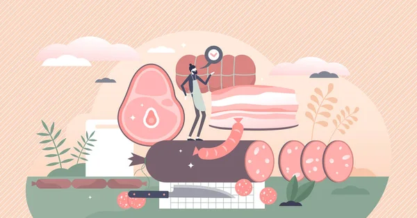 Production de viande avec des produits alimentaires pour animaux et boucher concept de personne minuscule — Image vectorielle