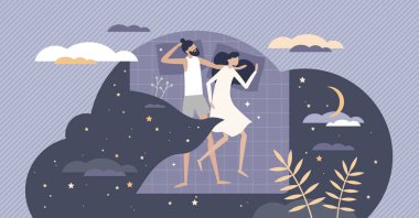 İyi uykular, geceleri yatakta dinlenmek için. Sağlıklı istirahat için. Küçük insan konsepti.