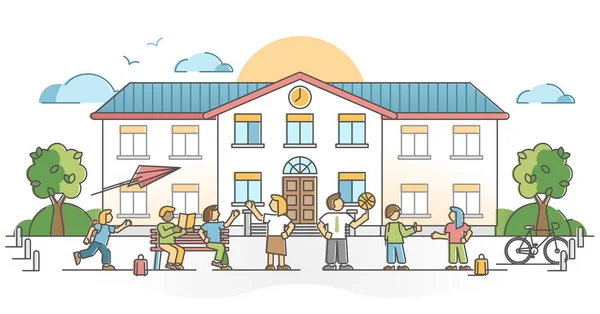 Edifício da escola exterior com aluno e crianças com professores esboço conceito — Vetor de Stock