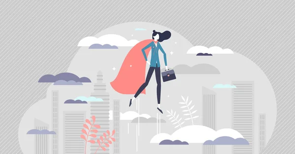 Business woman superhero as powerful female leader job tiny person concept — Stockový vektor