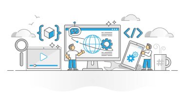Web development coding, programming and designing monocolor outline concept. Website building process with IT developer and businessman vector illustration. Homepage java source optimization work. clipart svg vector 