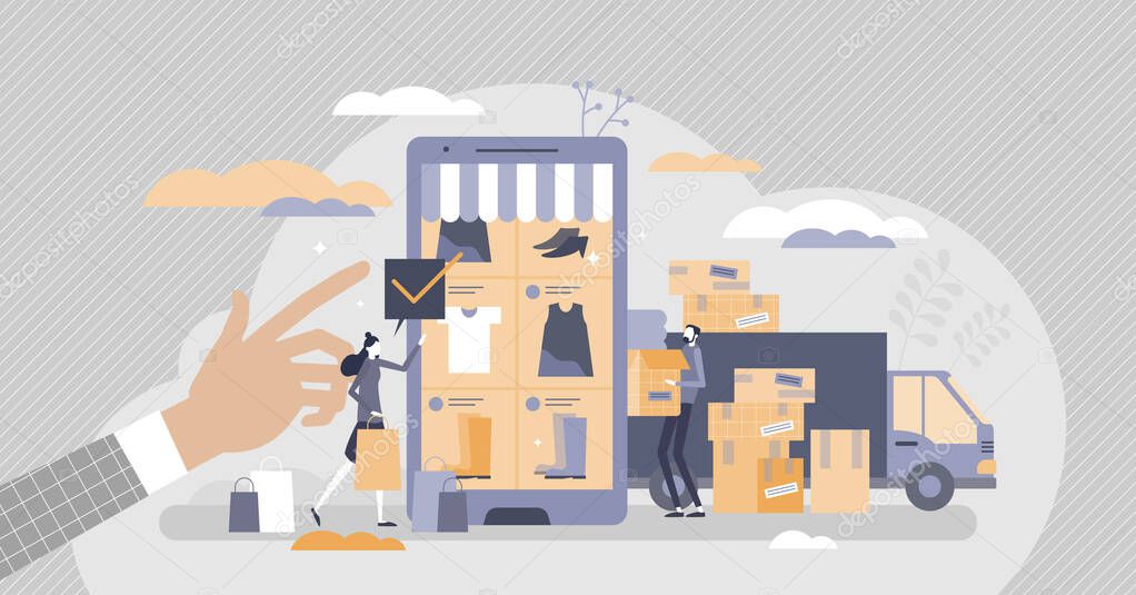 Retail e-commerce shop with warehouse packaging process tiny person concept