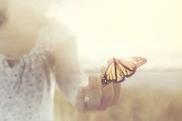 Una Mariposa Apoya Una Mano Una Chica Medio Naturaleza — Foto de Stock