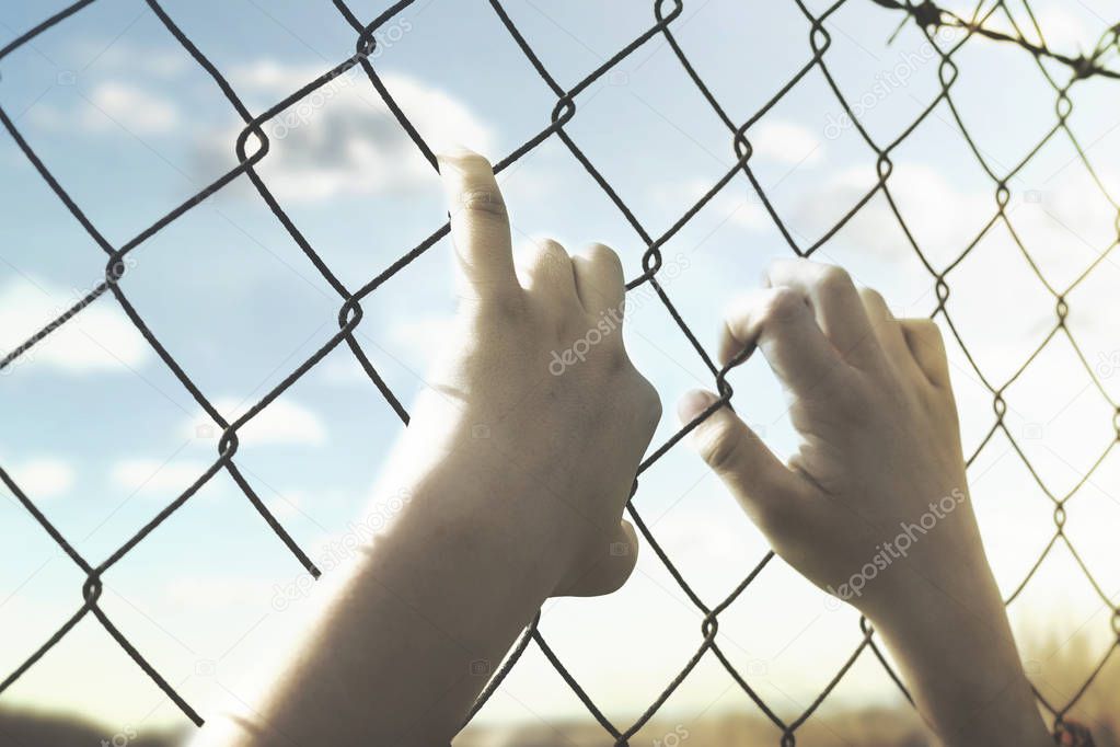 hands of a young man who cling to the hope of freedom beyond a wire mesh