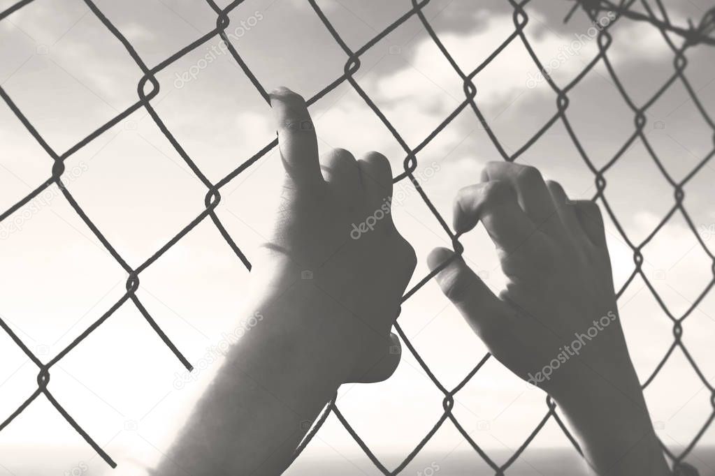 hands of a young man who cling to the hope of freedom beyond a wire mesh
