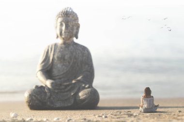 doğanın ortasında Buda heykeli önünde kadın meditasyon