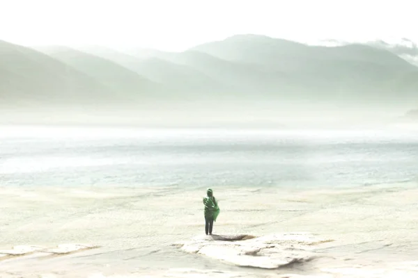 adventurous traveler crosses alone green mountains