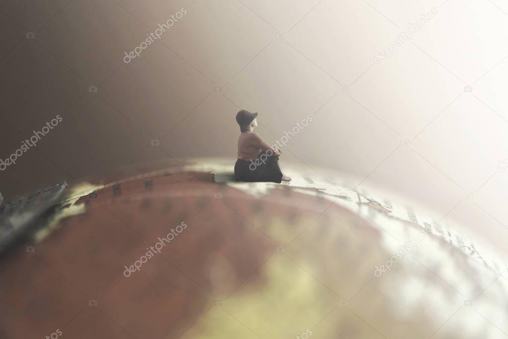 dreaming woman looks at the infinite sitting on a giant globe