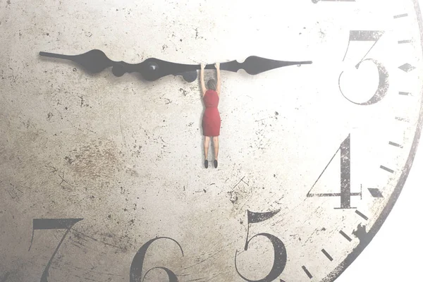 Geschäftsfrau Versucht Die Der Zeiger Einer Uhr Hängende Zeit Stoppen — Stockfoto