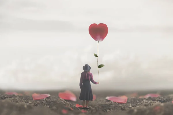 Einsame Romantische Frau Hält Ein Riesiges Blütenblatt Herzen — Stockfoto