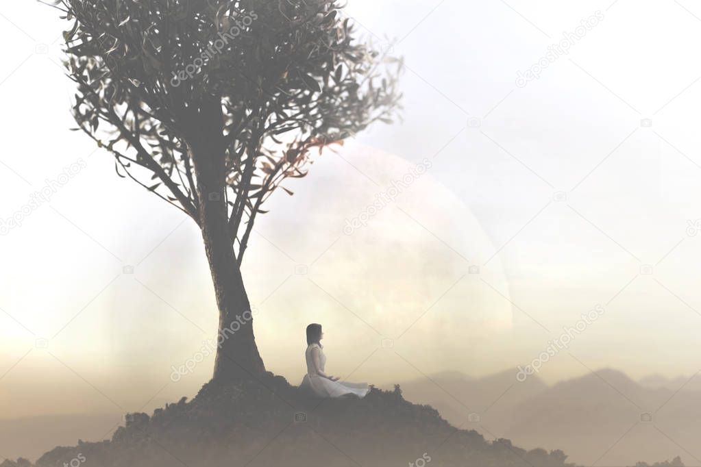 woman relaxes doing yoga under a tree