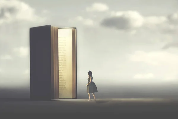 Surreal Book Opens Door Illuminated Woman Concept Way Freedom — Zdjęcie stockowe