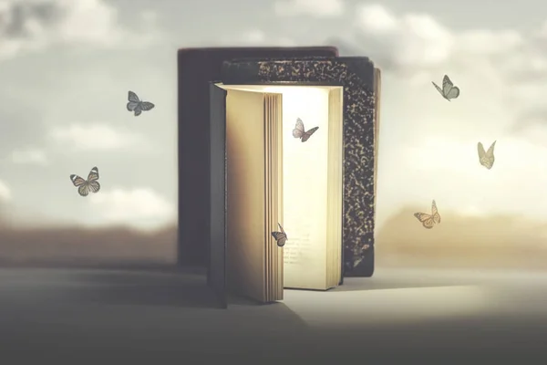 Концепция Свободы Фантазии Бабочек Выходящих Таинственной Книги — стоковое фото