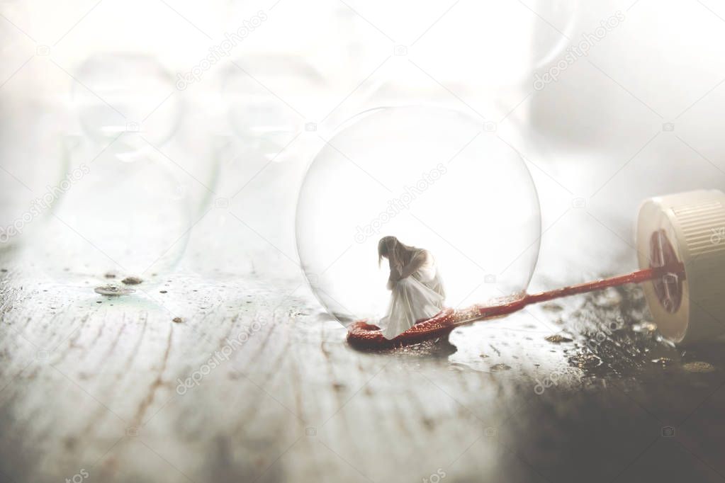 small woman inside a soap bubble, concept of immagination and introspection