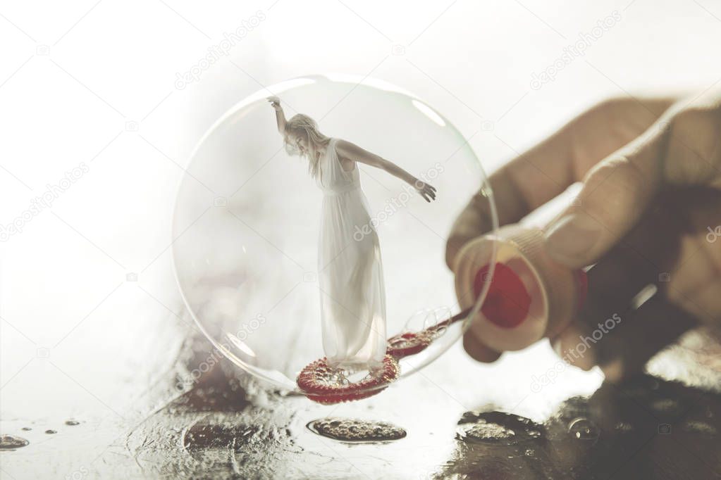 surreal image of a woman imprisoned in a soap bubble