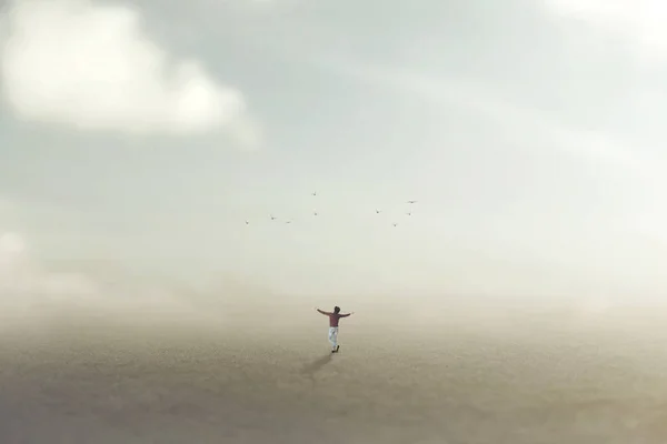 Kadın Nefes Alıyor Kollarını Açmış Kuşlar Üzerinde Uçuyor Özgürlük Kavramı — Stok fotoğraf