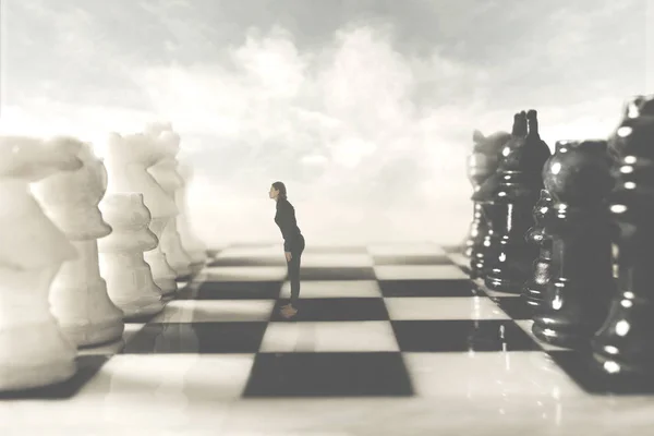Surreal Photo Black Woman Who Challenges Her White Rival Chessboard — Stock Photo, Image