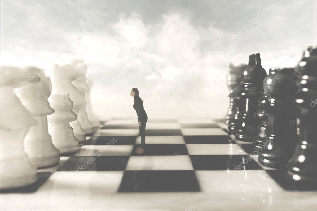surreal photo of a black woman who challenges her white rival in the chessboard
