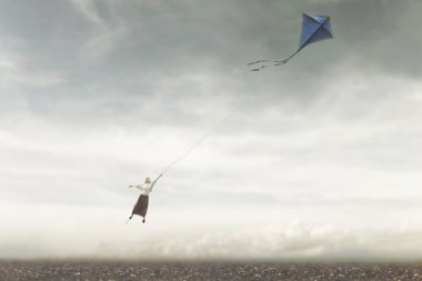 fun and surreal game about a girl flying in the sky with her kite clipart
