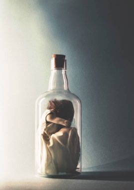 woman crouching inside a glass bottle clipart